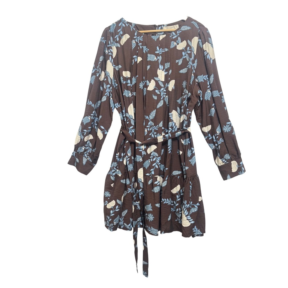 LOFT Garland Pleated Mini Flounce Dress Womens XXL Brown Floral NWT 39728180 - Picture 4 of 9